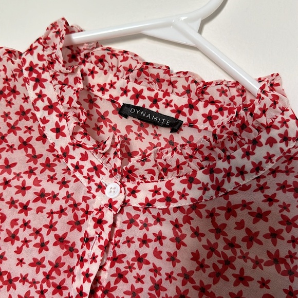 Dynamite White and Red Floral Blouse with ruffles - Picture 2 of 8